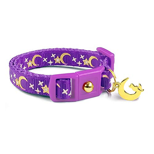 Lunas de oro estrellas en cuello de gato púrpura