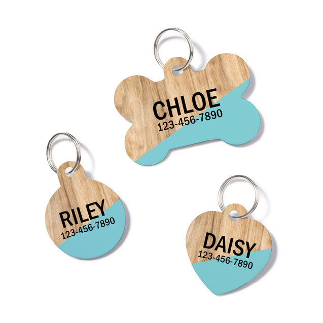Personalized Modern Faux Wood Blue Pet ID Tag